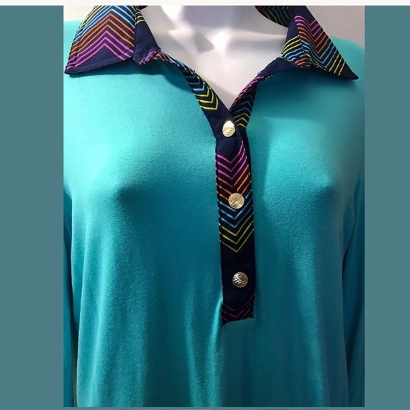 New MACBETH Collection Weekender Polo Shirt Blouse Turquoise Jersey Knit Pink - Picture 3 of 7